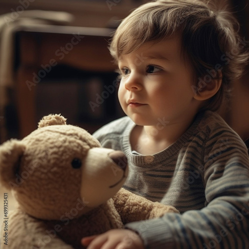 Cute child playing with teddy bear, smiling with innocence and joy generated by AI