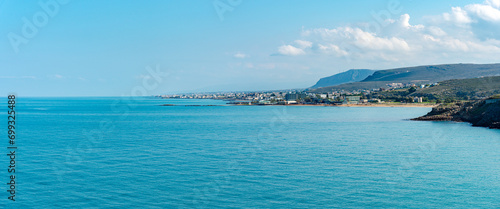 Unique aerial panoramic skyline view of Kokkini Hani summer vacation resort region cooastline seascape, Crete, Aegean Sea Greek Islands, Greece. Travel concept.
