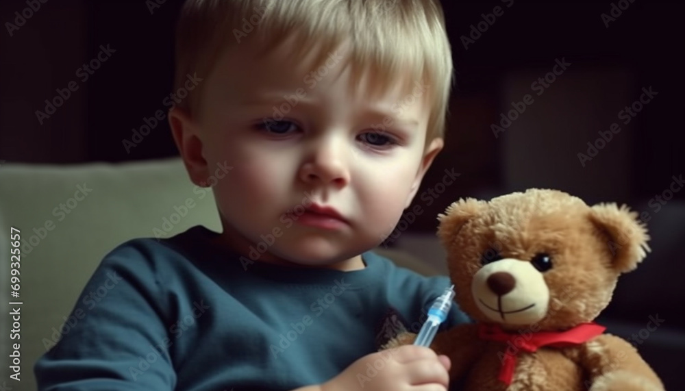 A cute blond toddler sitting indoors, holding a toy teddy bear generated by AI A cute blond toddler sitting indoors, holding a toy teddy bear generated by AI