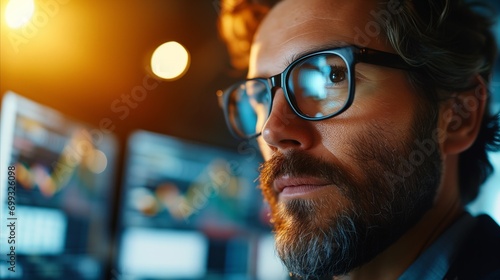 A portrait of a man examining a computer screen. © OKAN