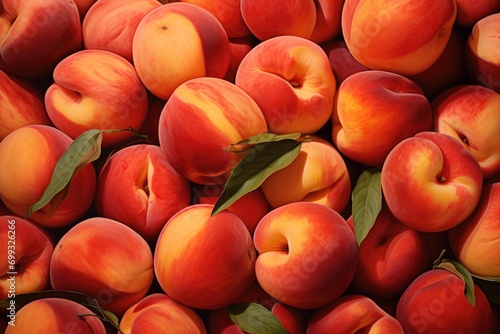 A close-up image of ripe peaches, showcasing their vibrant hues
