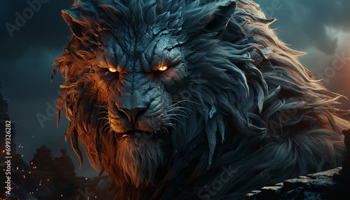 Majestic lion, fierce and spooky, staring into the night generated by AI