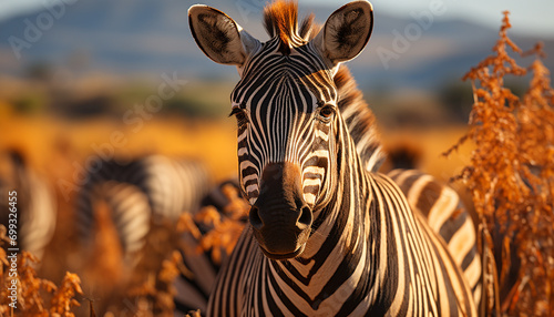 Zebra herd grazing on plain, nature striped beauty generated by AI