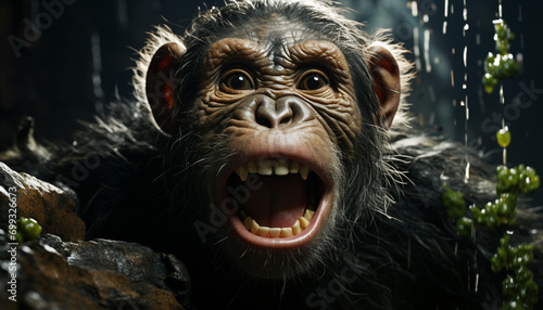 Cute monkey screams, furious and spooky, looking at camera generated by AI