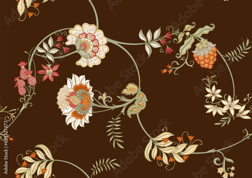 Fantasy flowers in retro, vintage, jacobean embroidery style. Seamless pattern, background. Vector illustration.