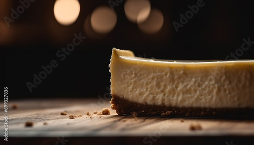 Fresh slice of Camembert, a gourmet French dairy delicacy on wood generated by AI