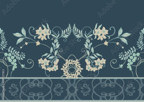 Fantasy flowers, decorative flowers and leaves in art nouveau style, vintage, old, retro style. Seamless border pattern, linear ornament, ribbon Vector illustration.