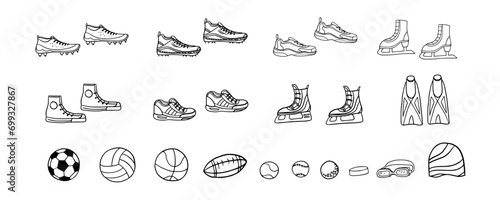 Set of sport  shoes and sport balls. Sports equipment. boots  sneakers  basketball  baseball  football  soccer  fitness  hokey  skates. Great for banners  posters  design elements. Hand drawn. Doodles