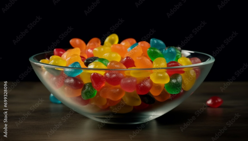 Multi colored candy in a yellow bowl, close up snack variation generated by AI Multi colored candy in a yellow bowl, close up snack variation generated by AI