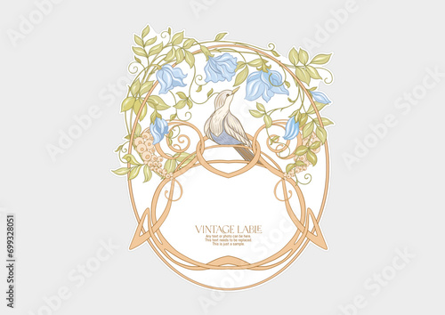 Decorative flowers and bird in art nouveau style, vintage, old, retro style. Border, frame, template for product label, cosmetic packaging. Easy to edit. Vector illustration. In art nouveau style.