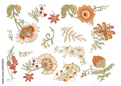 Fantasy flowers in retro, vintage, jacobean embroidery style. Millefleurs trendy floral design. Clip art, set of elements for design Vector illustration.