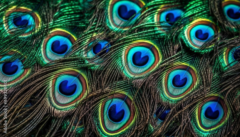 Obraz premium Vibrant colors of peacock feathers showcase nature elegance and beauty generated by AI