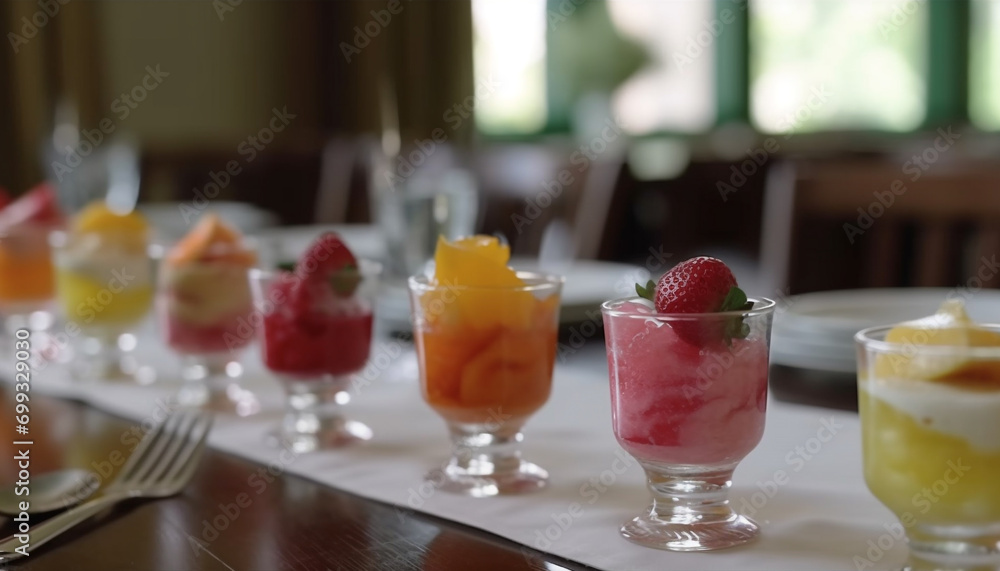Fresh fruit dessert on a wooden table, healthy and indulgent generated by AI Fresh fruit dessert on a wooden table, healthy and indulgent generated by AI