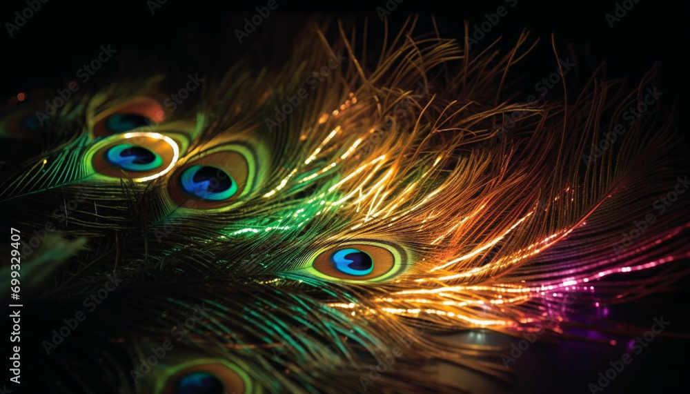 Naklejka premium Vibrant peacock feathers showcase nature elegance in multi colored patterns generated by AI