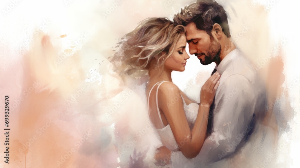 Generative AI image of a copy space banner of a watercolor painting of bride and groom for wedding illustration, in the style of romanticist - obrazy, fototapety, plakaty 