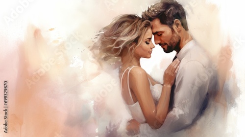 Generative AI image of a copy space banner of a watercolor painting of bride and groom for wedding illustration, in the style of romanticist © Eitan Baron