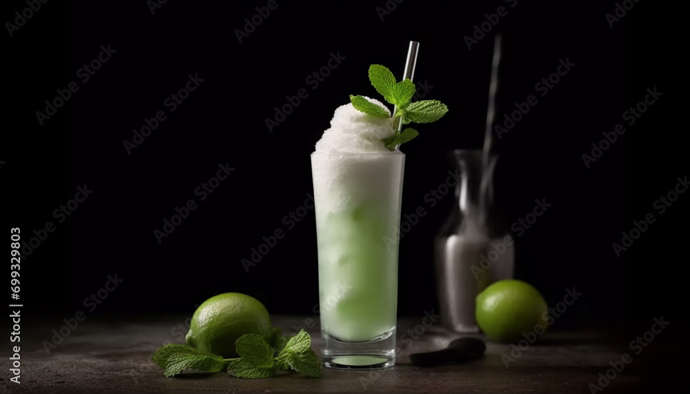 Refreshing mojito cocktail with ice, fruit, and mint leaf garnish generated by AI