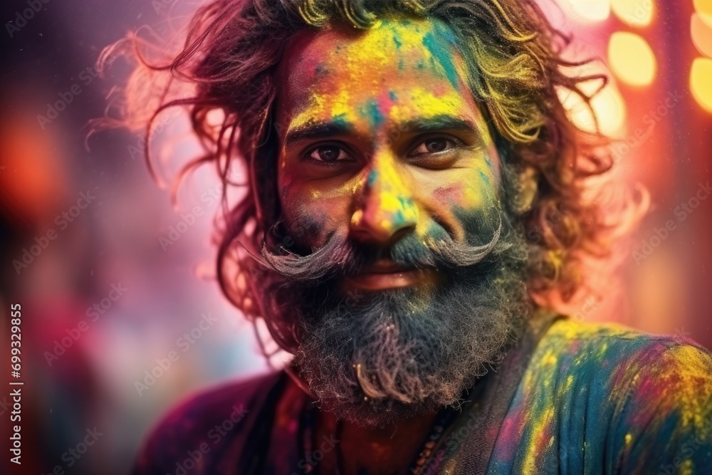 Portrait of an Indian man. Festival of colors Holi India.