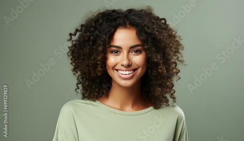 Joyful African American Woman with Curly Hair Smiling in Green T-Shirt