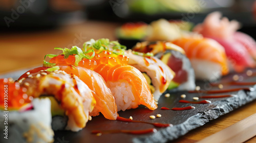 Sushi japan cousine, healthy asian dish restaurant concept of hosomaki, futomaki and nigri