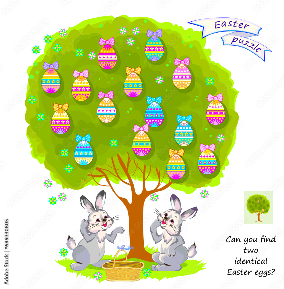 Educational game. Can you find two identical Easter eggs? Logic puzzle