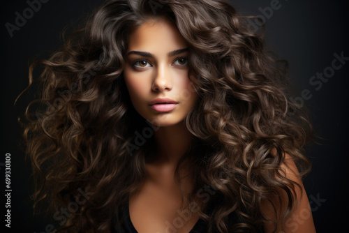 Beautiful young woman with long wavy hair on dark background. Portrait of girl model with brown curly hairstyle  healthy skin of face. Concept of style  fashion  salon  studio  perfect