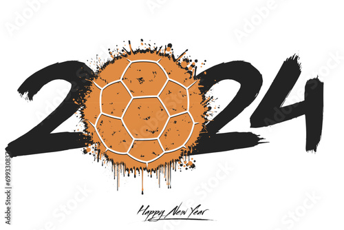 Numbers 2024 and a abstract handball ball made of blots in grunge style. Design text logo Happy New Year 2024. Template for greeting card, banner, poster. Vector illustration on isolated background