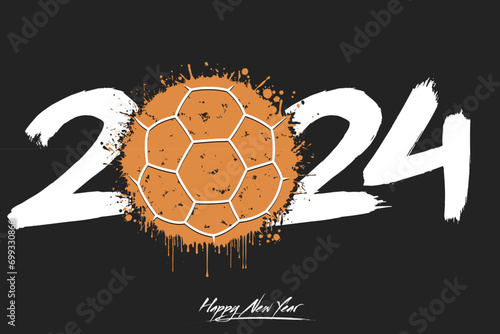 Numbers 2024 and a abstract handball ball made of blots in grunge style. Design text logo Happy New Year 2024. Template for greeting card, banner, poster. Vector illustration on isolated background