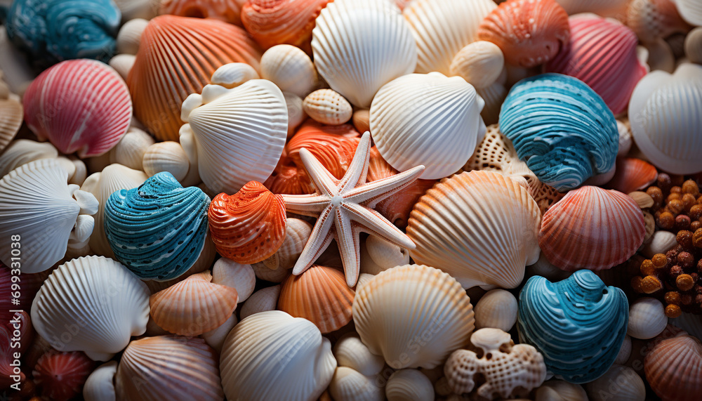 Close up of multi colored starfish on sandy beach, nature decoration generated by AI Close up of multi colored starfish on sandy beach, nature decoration generated by AI