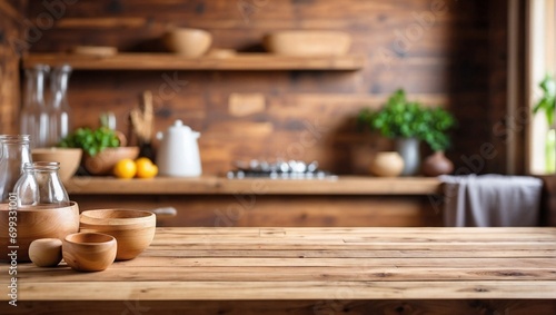 Blurred Kitchen on Empty Wooden Table Background, Wooden Table