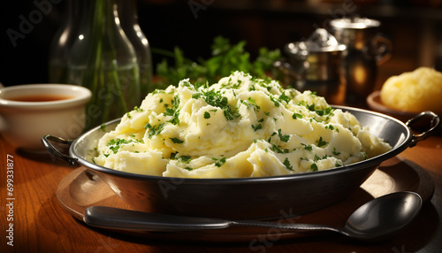 Freshly prepared mashed potatoes with butter and parsley on rustic table generated by AI