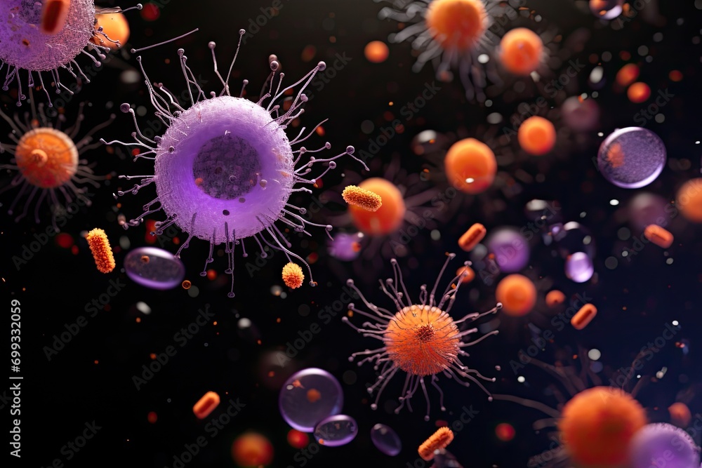 Close-up of bacteria or virus cells under a microscope. Microbiology, infection, pathogen and immune system concept. Close-up of bacteria or virus cells under a microscope. Microbiology, infection, pathogen and immune system concept.