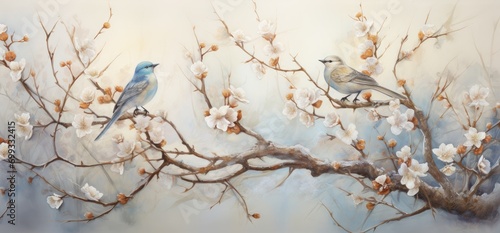 Watercolor wallpaper pattern. Painting of birds on a tree.