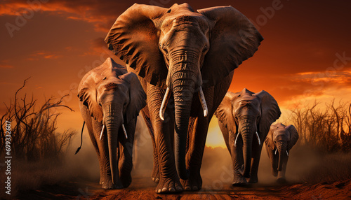 Elephants roam freely in the African wilderness at sunset generated by AI