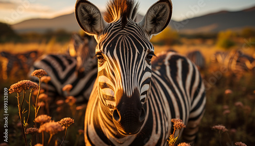 Zebra grazing on plain, looking at camera, Africa beauty generated by AI