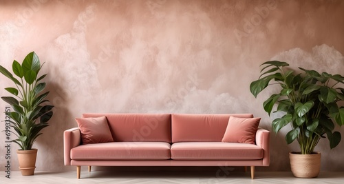 Pink velvet sofa with a plant in a pot against the background of a wall with decorative plaster. Scandinavian interior design of a modern living room © 360VP