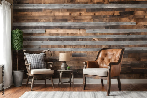 A rustic chair against the background of a wooden wall in a spacious room. Farmhouse room  modern living room interior design.