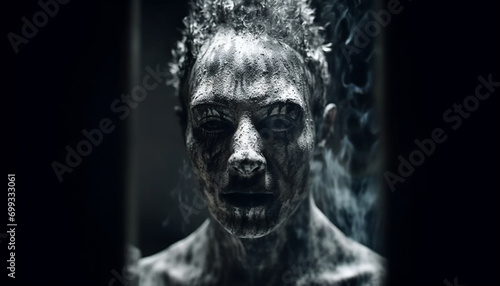 Fototapeta Naklejka Na Ścianę i Meble -  Spooky black and white portrait of a sad, evil sculpture generated by AI