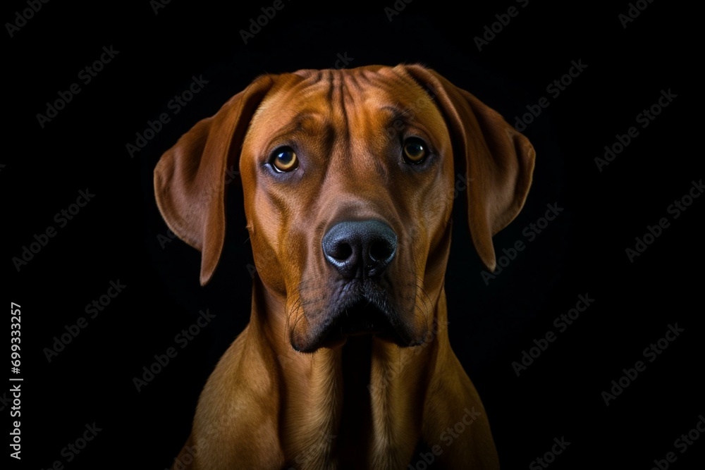 Beautiful Rhodesian Ridgeback dog with dark background - epitome of power and faithfulness. Generative AI