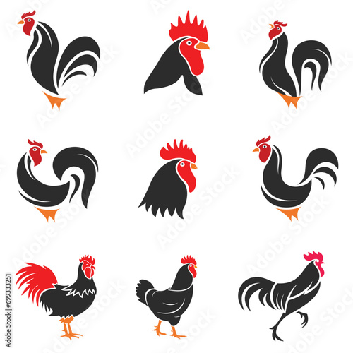 Set of chickens vector element, chick, chicken, cock, cockerel, collection, countryside, cow, design, domestic, drawing, egg, farm, farming, feather, female, food, rooster, vector, cartoon, poultry