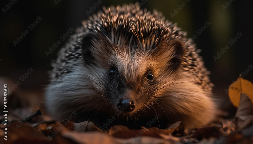 Cute small mammal, hedgehog, in autumn forest, looking at camera generated by AI Cute small mammal, hedgehog, in autumn forest, looking at camera generated by AI