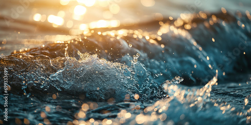 A close-up of an ocean wave with sparkling sun rays, during the golden hour at dusk