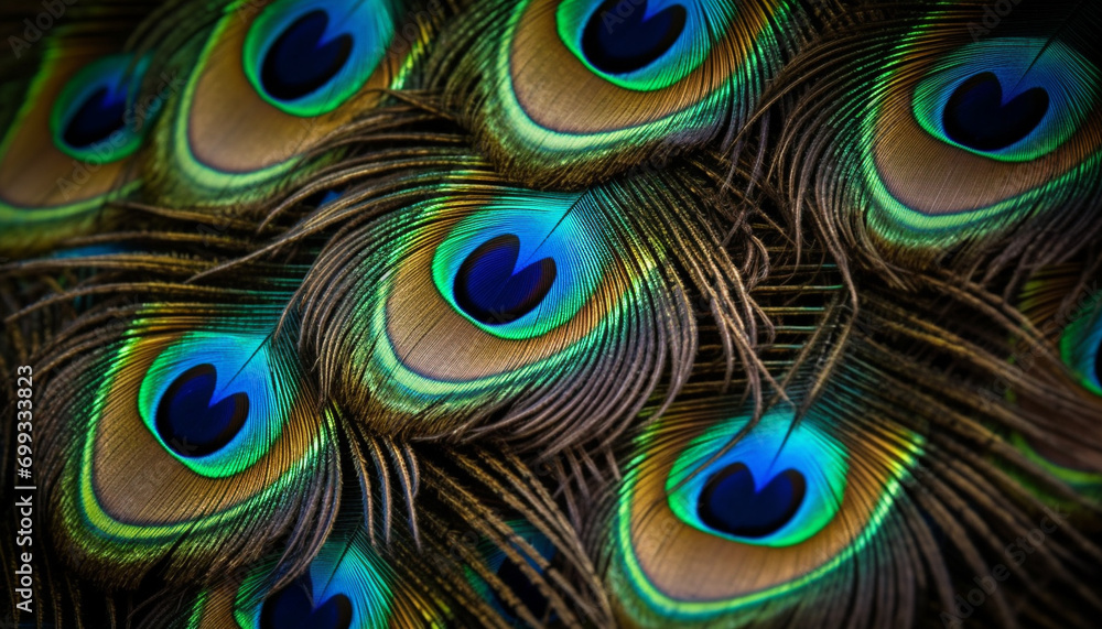 Fototapeta premium Peacock vibrant, multi colored feathers showcase nature beauty in abstract patterns generated by AI