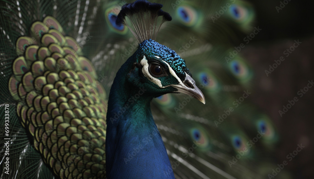 Majestic peacock displays vibrant colors in nature elegant portrait generated by AI Majestic peacock displays vibrant colors in nature elegant portrait generated by AI