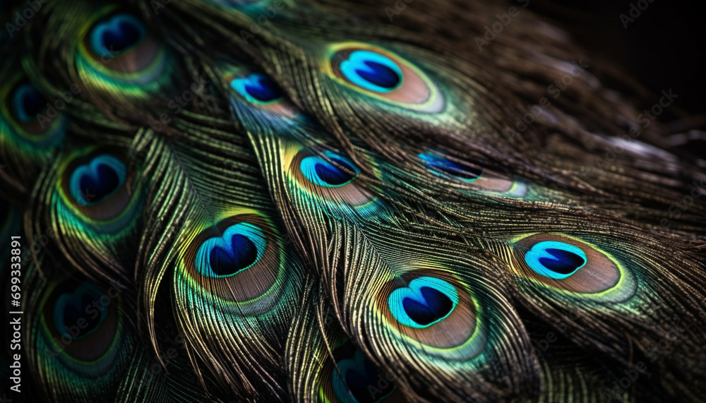 Obraz premium Vibrant peacock feather showcases nature beauty in multi colored elegance generated by AI