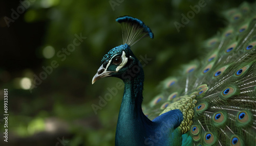 A majestic peacock displays vibrant colors in its natural habitat generated by AI