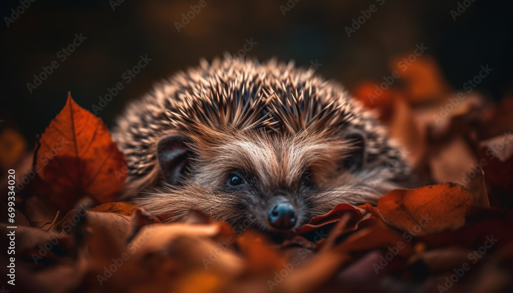 Cute young hedgehog in autumn forest, looking at camera alertly generated by AI Cute young hedgehog in autumn forest, looking at camera alertly generated by AI