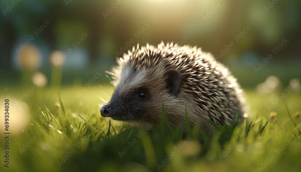 Cute hedgehog in grass, small mammal with bristle and fur generated by AI Cute hedgehog in grass, small mammal with bristle and fur generated by AI