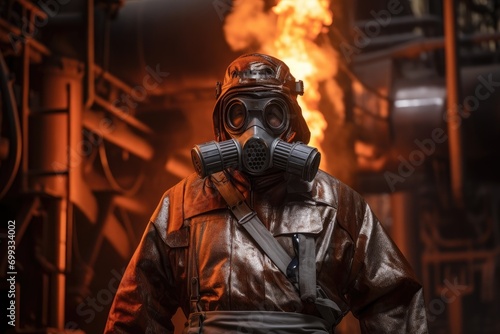 An industrial worker in a full protective suit in front of a burning fire. Workplace safety concept.