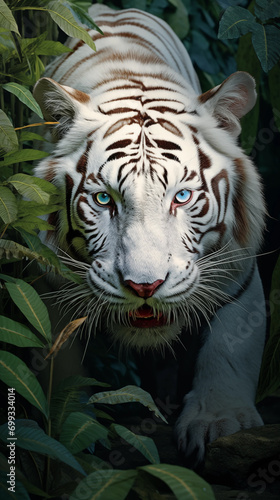 Weißer Tiger versteckt unter Blättern - Generative AI © FUTURESEND